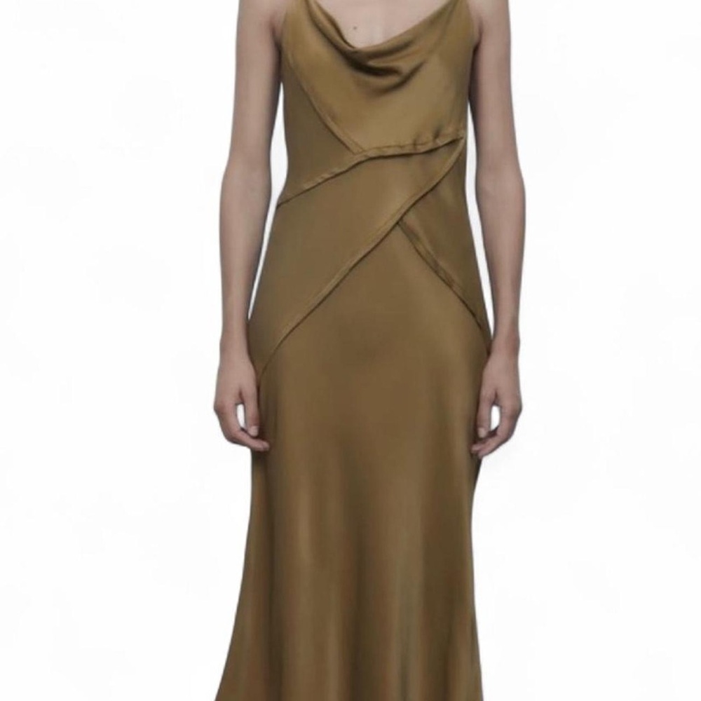 Zara Olive Green Spaghetti Strap Silk Dress